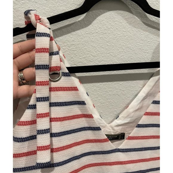 ZARA V-Neck Striped Red Blue Antique White Tie Blouse - Picture 3 of 4